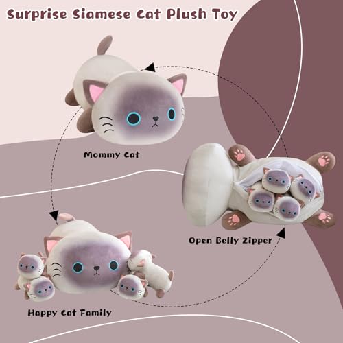 Image of TOYSYM Siamese Cat Plush Cute Siamese Cat Stuffed Animal Pillow with 4 Baby Plushies in Her Tummy, Soft Cotton Stuffed Animals Toy Gifts for Kids