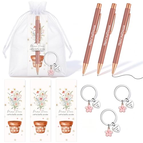Nezyo Cadeaux Maitresse d'École Fin d'Année Porte Clef Gravé en Français Stylo à Bille Carte Merci Idee Cadeau pour Enseignants Scolaire Professeur ATSEM(3 Sets,Merci pour tout)