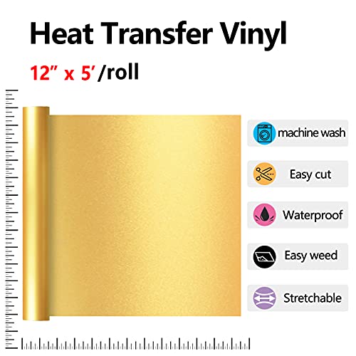 Image of RENLITONG Soft Metal Heat Transfer Vinyl, 12 inch x 5ft Shiny Golden HTV Vinyl Soft Stretchy Metallic Glossy Iron on Vinyl, Premium PU Material HTV Roll, Easy Cut & Weed for DIY Heat Vinyl Designs