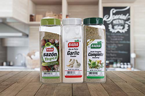 Badia Complete Seasoning, Sazon Tropical, And Garlic Powder Seasoning Bundle (3 Pack) W/ Premium Penguin Recipe Card - Seasonings For Meats, Salads, Spanish Dishes, And More! #TOP3
