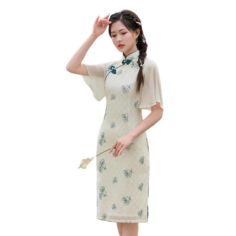 Cheongsam femme coton creux brodé robe été slim
