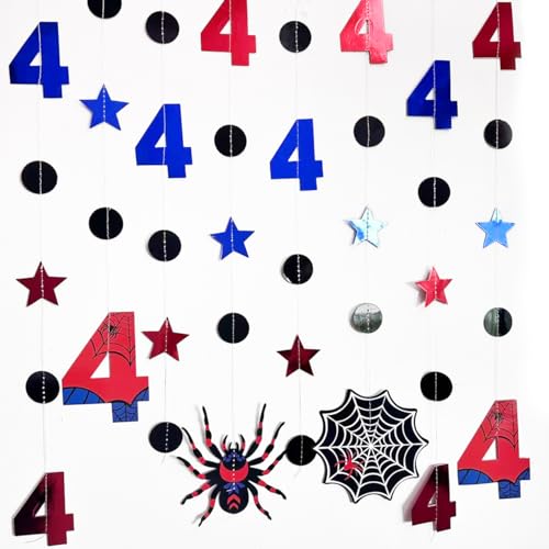 Image of 42Ft Spider 4th Birthday Party Decorations Red Blue Stars and Black Spider Web Garland Streamer for Boys 4th Cartoon Spiders Birthday Super Heros Cartoon Bday Party Decor Supplies