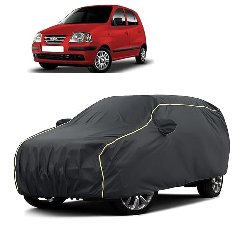 Image of Sulfar 100% Water Resistant Car Body Cover Compatible with Mirror for Hyundai Santro Xing (Triple Stitched, Full Bottom Elastic, Dark Grey Taffeta with Yellow Piping)