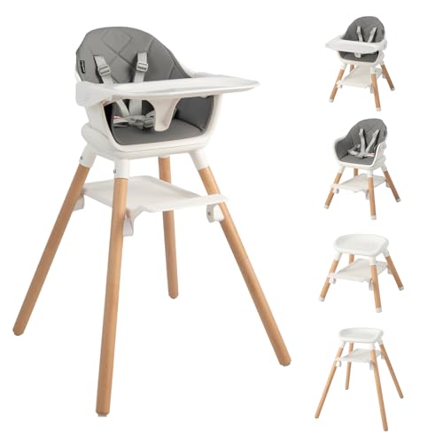 HONEY JOY Baby High Chair, 6 In 1 Convertible Wooden Highchair for Babies and Toddlers/Toddler Chair/Bar Stool, Removable Double Tray & Reversible Footrest, Safety Harness for Infant Boys Girls (Gray)