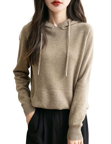Chanyarn Women's 100% Merino Wool Hoodies 2025 Fall Winter Warm Soft Sweater Long Sleeve Knitted Sweatshirt with Pocket (Tan,L)