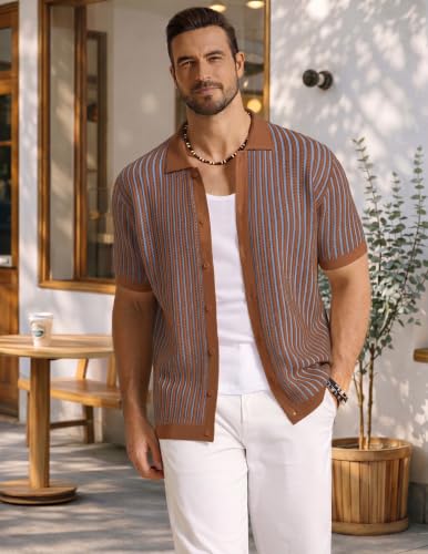Image of COOFANDY Mens Knit Button Down Shirts Short Sleeve Polo Shirt Vintage Striped Casual Shirts