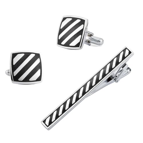 RTFJVXVZ French Black Enamel Tie Clip Cufflink Set Iron Cuff Links for Men