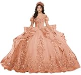 TRHTX Off Shoulder Ruffle Rose Gold Quinceanera Dress Tulle Layered Vestidos De 15 Años Quinceañera with Appliques Puffy Sweet 16 Dresses Size 0