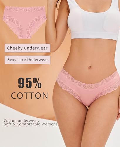 Image of Knowyou Cotton Underwear for Women No Roll Soft Panties No Dig Lace Waist Hipster Breathable Cheeky Lingerie for Women