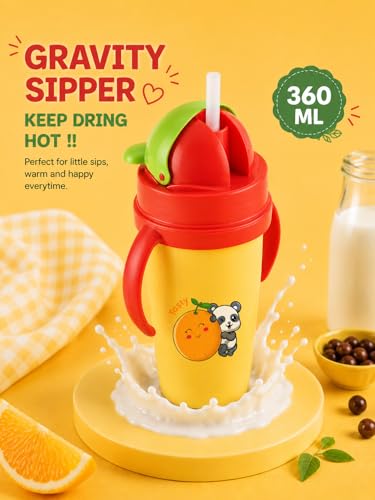Image of Nabhya Inner Stainless Steel & Outer Plastic 360ml BPA-Free Cute Animal Design Baby Sipper Kids Water Bottle with Straw and Side Handle for Kids (Yellow)
