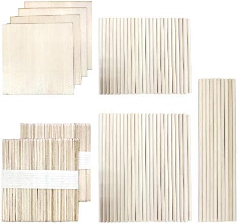 DOITEM 214 PCS Natural Wood Craft Lollipop Sticks Dowel Rods Balsa Wood Sheets Smooth Popsicle Art Stick Perfect for Craft Items
