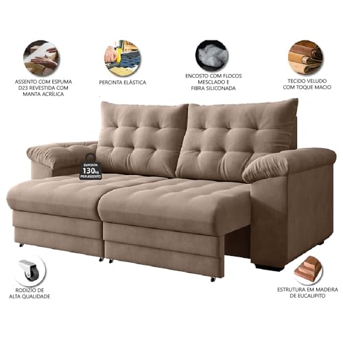 Sofá Retrátil e Reclinável Bipartido 2 Lugares 2,10m Veludo Bege Coliseu Selmer