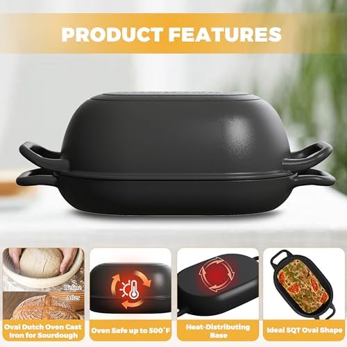 Oval Dutch Oven for Bread Baking 12 x 8 Inch, Pre-Seasoned Cast Iron Bread Oven for Sourdough, Dutch Oven Bread Loaf Pan for a Crispy Crust, 5QT - Thumbnail 4