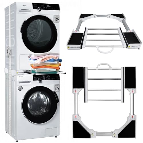 Universal Stacking Kit for Washer and Dryer, Adjustable Washer Dryer Stack Stands Fit for 55-73 cm Washing Machine and Tumble Dryers, Washing Machine Stacking Kit with Shelf Washer Dryer Stacking Kit