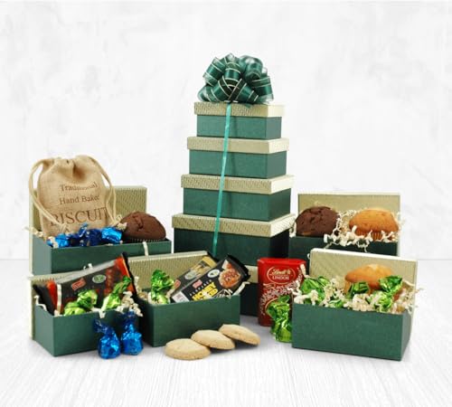 Image of Muffins, Flapjacks & Cookies Gift Tower | 5-Tier Sweet Bakery Hamper with Artisan Baked Goods & Swiss Chocolates | Reusable Green & Gold Boxes