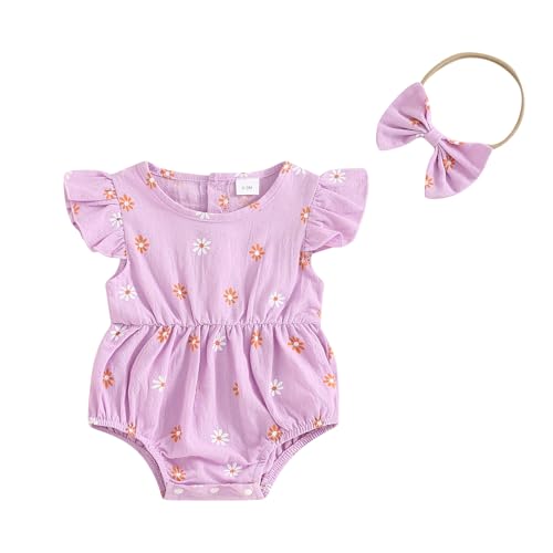 Image of Newborn Baby Girls Daisy Printed Clothes Pleated Ruffled Sleeve Romper Cute Summer Outfit with Headband
