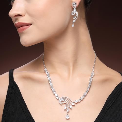 Image of ZENEME Rhodium Plated Silver Toned American Diamond Studded Paisley Necklace With Earrings Jewellery Set For Women & Girls