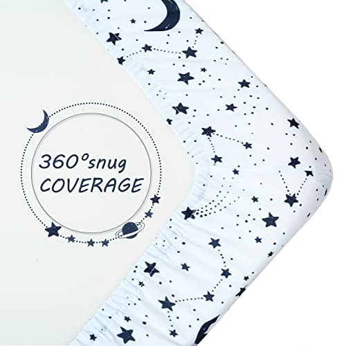 Image of JISEN Baby Crib Sheet 1 Piece Portable Fitted Crib Sheet for Standard Crib and Toddler Mattresses Nursery Bed Decor for Boys Girls 28x52 Inch Stars Planets