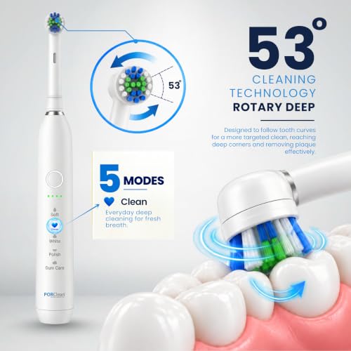 Image of PORClean SpinPRO Electric Toothbrush with UV Toothbrush Sanitizer Holder Combo | 53 Rotary Cleaning, 5 Modes, 5,600-8,500 RPM, Dupont Tynex Bristles, 30-Day Battery, IPX7 Waterproof, UV-C + UV-A