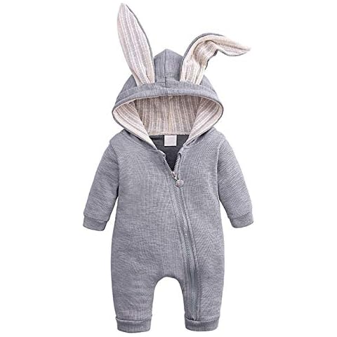 RELABTABY Newborn Baby Boy Girl Romper Cotton Cute Bunny Long Sleeves Zipper Hoodie Infant Pajamas Bodysuits Jumpsuit Outwear, C-grey, 0-3 Months Cover