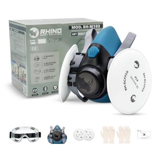 RHINO Smart Solutions Mascara de Gas Reutilizable contra Polvo y Gases | Mascarilla Pintura con Filtro P3R, Guantes, Gafas de Proteccion Bricolaje, Lijado, Construcción, Antipolvo