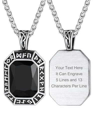Image of ChainsHouse Viking Rune Pendant Necklace for Men Women, Punk Biker Black Metal /316L Stainless Steel Onyx Norse Vintage Amulet Necklaces with Black /Red /Green /Blue Gemstone, Send Gift Box