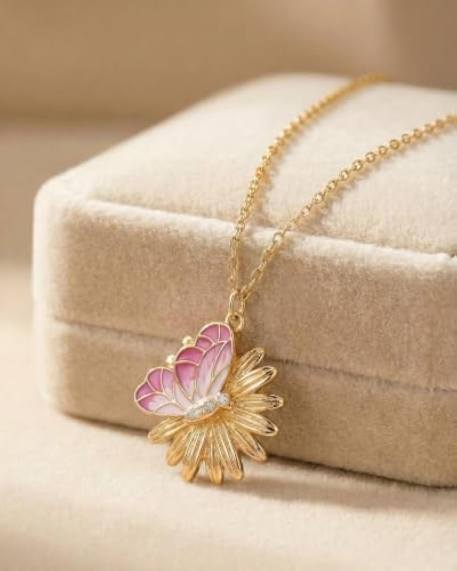 Pink Meadow Butterfly & Daisy Pendant, 925 Sterling Silver