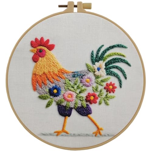 Image of Esffaci Embroidery Starter Kit for Adult Beginner with Funny Rooster Flowers Pattern Hand Embroidery Set with Cloth Hoop Needle Threader Floss and Instruction