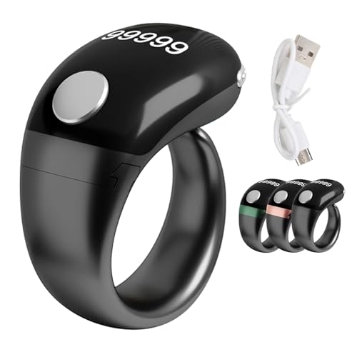 Image of Adjustable Size Finger Counter Clicker Ring(18 /20 /22mm), Muslim Digital Azan Alarm Clock Ring, Digital Electronic Smart Ring Counter with Display & Type-C Charging Black