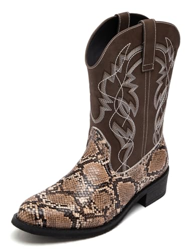 Image of Python Manning Men's Boots Cowboy for Men Classic Pointed Toe Western Pull Up Snakeskin Embroidered Mid-Calf Boots
