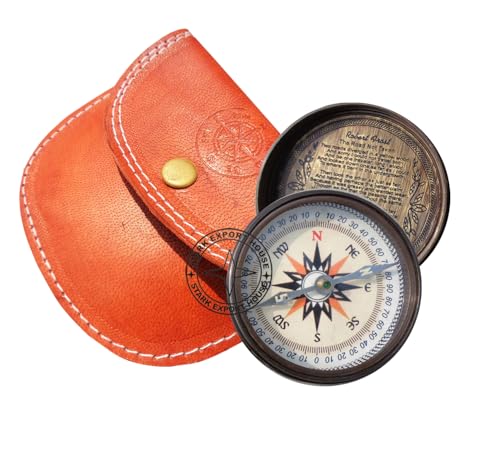 Brújula con reloj de sol redondo de latón antiguo negro de 3 pulgadas con caja de madera miniatura 1