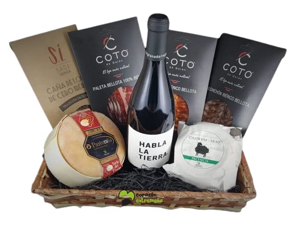 Cesta de Regalo para Empresas con Vino Tinto Habla de la Tierra, Lomo Ibérico, Queso Torta del Casar, Paleta Ibérica de Bellota – Corazón Extremeño