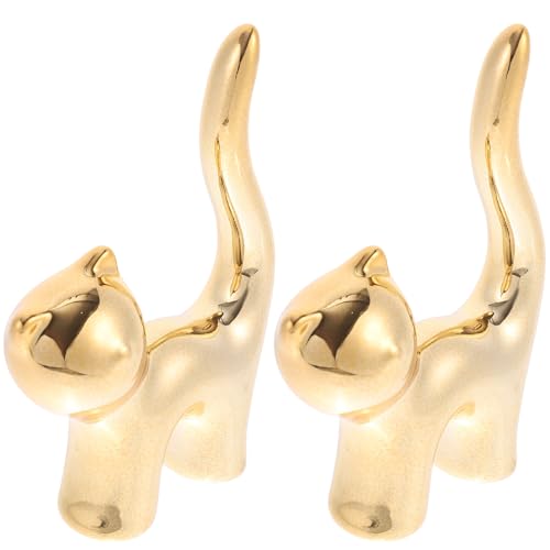 DOITOOL Soporte para Anillos de Gato Cerámico Dorado Juego de 2 Piezas Porta Joyas Decorativo para Hogar Dormitorio y Oficina Organizador de Accesorios Bijouterie Obsequio para