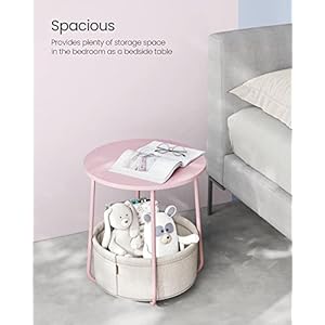 VASAGLE End Table, Small Bedside Table with Fabric Basket, Modern Nightstand, Round Side Table, for Living Room, Bedroom, Jelly Pink and Cream White ULET223R61 VASAGLE End Table Small Bedside Table with Fabric Basket Modern Nightstand Round Side Table for Living Room Bedroom Jelly Pink and Cream White ULET223R61