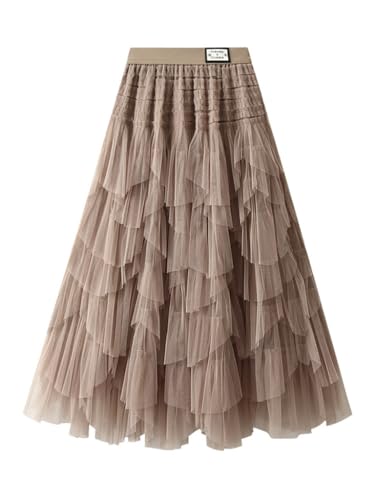 Wuitrie Midi Skirts for Women 2025 Trendy Layered Puffy Cupcake Mesh Flowy Skirt Long Skirt