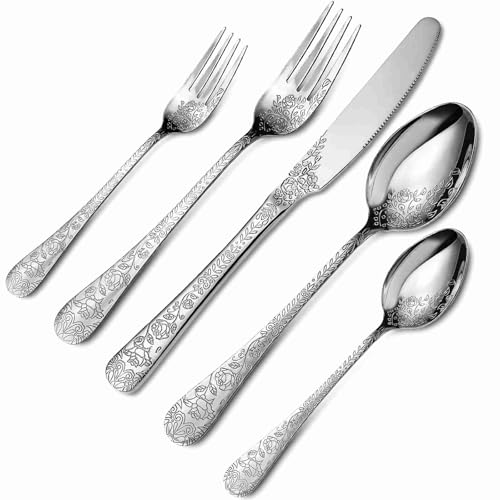 20 piezas de cubiertos tallados en flores vintage, juego de cubiertos de acero inoxidable vintage fino, utensilios aptos para lavavajillas, acabado de espejo, cubiertos, tenedor,