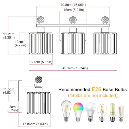 Image of Lxybcce Black and Gold Bathroom Vanity Light, 3-Lights Crystal Vanity Lights for Bath, Modern Bathroom Light Fixture Over Mirror, Wall Mount Lights with Clear Crystal Glass for Bedroom Living Room