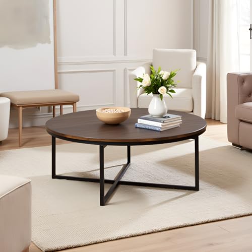 Arcadia 42-Inch Round Acacia Wood Coffee Table – Industrial Living Room Table with Antiqued Mocha Finish and Metal Sled Legs – Ideal Centerpiece for Sectionals and Sofas by Alaterre Furniture