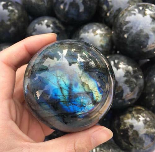 Miniatura 4 de Bola De Cristal Natural Labradorita Esfera Decorativa Bola De Adivinación Pulida Con Base De Madera Piedra Mineral Curativa Para Meditación, Yoga, 100 Natural,9cm