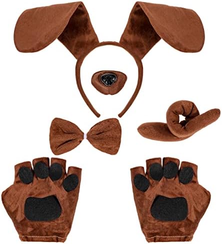 Hifot 5 Stücke Tier Welpen Hund Kostüm Set Welpen Hund Stirnband Ohren, Fliege, Schwanz,Fliege,Gefälscht Nase für Erwachsene Kinder Party Dekoration Zubehör