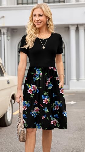 Image of DB MOON Women Summer Casual Short Sleeve Dresses Empire Waist Dress with Pockets