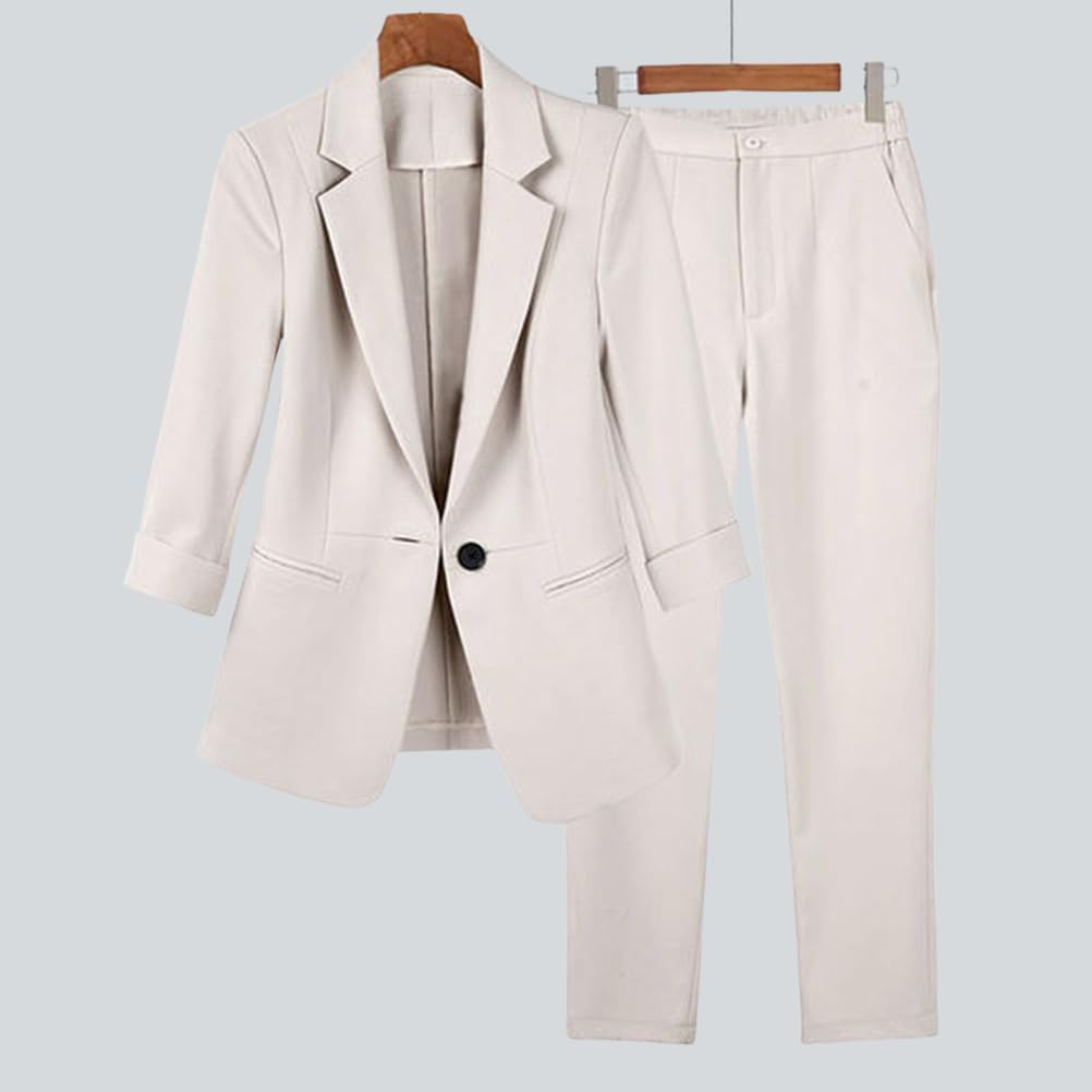 shownicer Tailleur Femme 2 Pièces Elegant à Manches Longues Slim Fit Blazer Veste Formel Bureau Travail Pantalon Costumes Revers Manteau OL Ensemble
