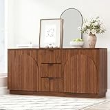 Yechen 67' Walnut Fluted Sideboard Buffet Cabinet with 4 Arched Reeded Design Doors &3 Drawers, Mid Century Modern Credenza Storage Cabinet with Adjustable Shelves, for Living Room Dinning Hallway