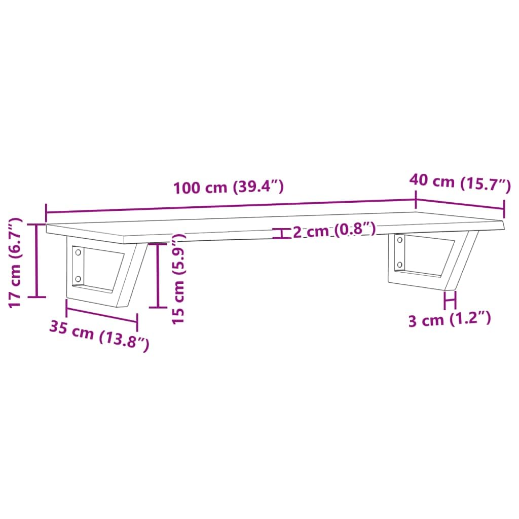 Tapa de tocador con soporte de acero y madera maciza de roble, 100 x 40 cm, montaje en pared para lavabo y mueble de baño, estante para almacenamiento, toalla, cosméticos y almacenamiento