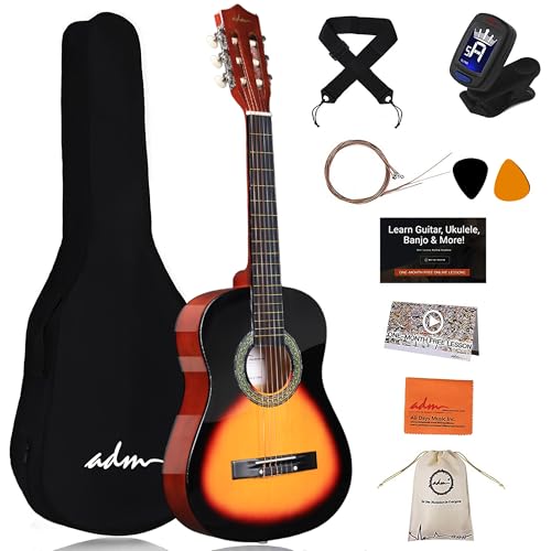 ADM 3/4-Größe Kinder-Konzertgitarren-Set Junior-Gitarren-Set für Anfänger ab 9 Jahren mit Tasche Clip-Stimmgerät Gurt Plektren zusätzlichen Saiten Aufbewahrungstasche und Reinigungstuch (Peachy