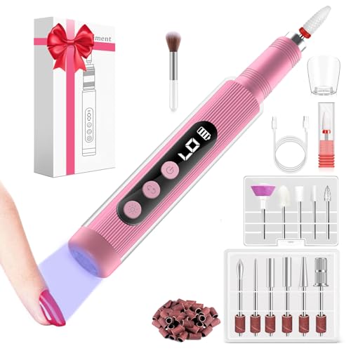 Electric Nail Drill Kit with U V Nail Lamp,Portable Cordless Electric Nail File with Display Screen,9 Speeds Professional Manicure Pedicure Polishing 12-in-1 Nail Drill Kit for Home and Salon Use