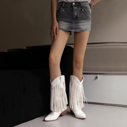 Women's Fringe Cowboy Knee High Boots Cowgirl Boots Pointed Toe Tassel Block Heel Embroidery Stitched Western Boots 5
