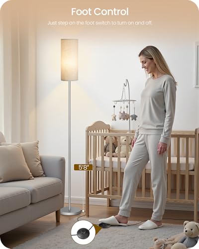 Image of Dimmable Floor Lamps for Living Room with Remote and Foot Switch, 64.4 inch Modern Standing Tall Lamp, Corner Lamp for Bedroom, Office, Bulb Included, 3000K-6500K, Beige and Silver, FCC Listed SE06LD05W1