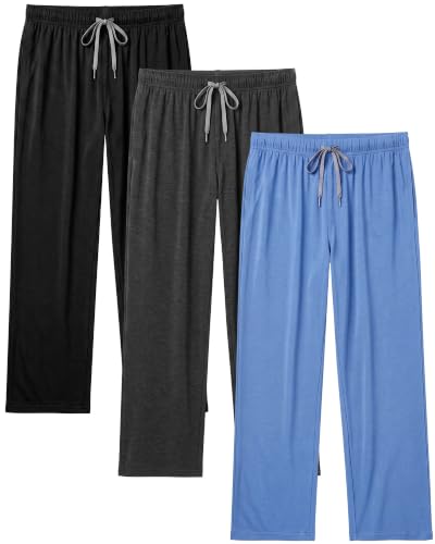 Image of 3 Pack Mens Cotton Pajamas Pants Lounge Pjs Bottoms Sleepwear Bottoms Soft Pants with Pockets Drawstring