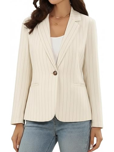 Allegra K Linen Blazer for Women Striped Notched Collar Long Sleeve Single Button Business Casual Suit Jacket with Pockets Medium Beige